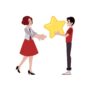Vector happy man with big yellow star sharing it with young woman. Customer review, positive feedback concept. Satisfied man giving high rank for a business to girl.